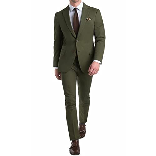 Mens Army Green Peak Lapel Two Button Blazer Formal Business Groom Tuxedo Wedding Wear 2 Pieces Prom Suit