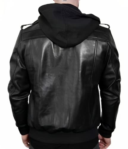 Image of Mens Genuine Black /Brown Hooded Bomber Leather Jacket Real Lambskin Waxed with Removable Hood