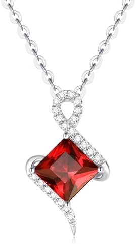 FANCIME Garnet Necklace, 14K Solid White Gold Pendant with Sterling Silver Chain January Birthstone Princess Cut Red Genuine Gemstone Fine Jewelry Birthday Gifts for Women Her