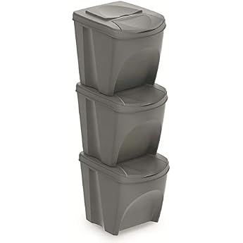 BirnePower Rubbish Bin Waste Bin 75 L Set 3 x 25 L Waste Separation System Container Sorti Box with Lid Waste Sorter Waste Bin Grey