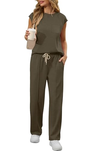 GRECERELLE Two Piece Outfits Women Summer Short Sleeve Tracksuit Womens Full Set Lounge Wear Sets for Women Casual Crew Neck Cap Sleeve Tops and Jogging Bottoms with Pockets(Army Green, M) - Image 6
