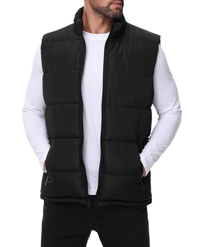 Polu Men's Water-Resistant Puffer Vest Sleeveless Jacket Stand Collar Zipper Winter Warm Outerwear with 3 Pockets