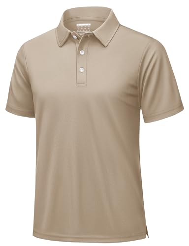 KEFITEVD Mens Polo Shirts Short Sleeve Performance Quick Dry Fit Polos 3-Button Collar T-Shirt for Golf Athletic Khaki L