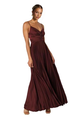 Satin Spaghetti Straps Bridesmaid Dresses with Pleated Long Aline V Neck Formal Evening Part Gowns
