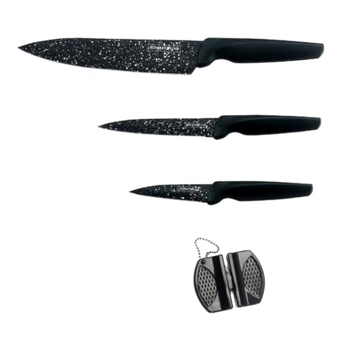 ROYALTY LINE, RLMB3B, Set de couteaux de cuisine 3 pièces avec aiguiseur, lames en acier inoxydable recouvertes de marbre, poignées ergonomiques, design...
