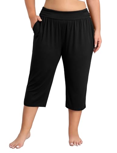 COOTRY Plus Size Capri Pants Summer Loose Yoga Pants Comfy Workout Cropped Pants with Pockets Causal...