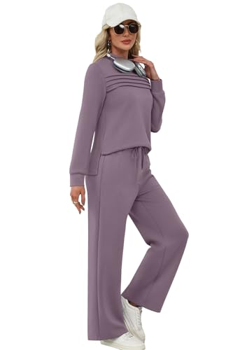 Image of WIHOLL Two Piece Sets for Women Fall Travel Vacation Outfits 2026 Long Sleeve Lounge Sets Side Slit Wide Leg Pants XS-3XL