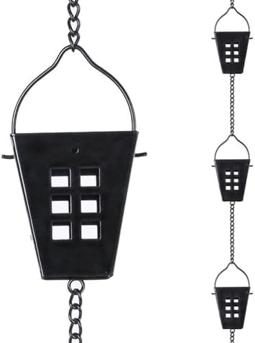 Square Rain Chain, 10 Ft Black Rain Gutter Chains with 12 Cups, Adjustable Rain Catcher Chain with Bell for Eaves Drainage, Outdoor Replacement Downspout for Gutters