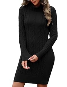 PASUDA Robe Pull Femme Hiver Robe Chic et Elegant à Col Haut Tricoté Mi-Longue Robes Chaud à Manches Longues Elástique Pull Femme Slim Fit Couleur Unie Doux Automne Hiver (Noir, M)