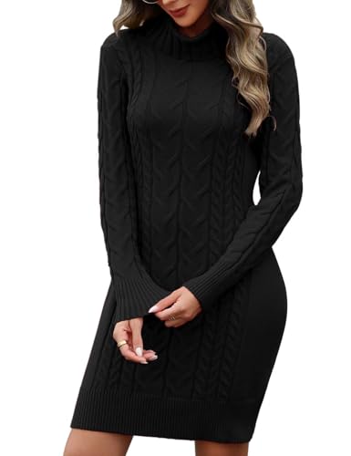 heekpek Strickkleid Damen Herbst Winter Rollkragen Pulloverkleid Langarm Strickkleider Elegant Bodycon Kleid Zopfmuster Warme Winterkleider, Schwarz,...