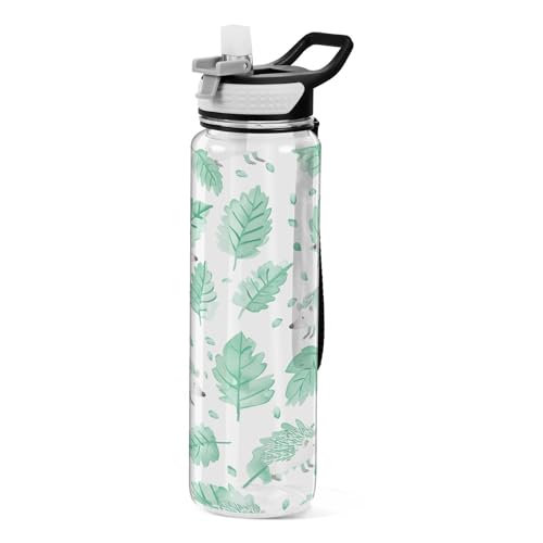 OWFKAY Botella de agua de 907.2 g con pajita, Tritan sin BPA, con patrón de erizo verde, botella de agua deportiva con asa de transporte, a prueba de fugas, perfecta para viajes, escuela, gimnasio