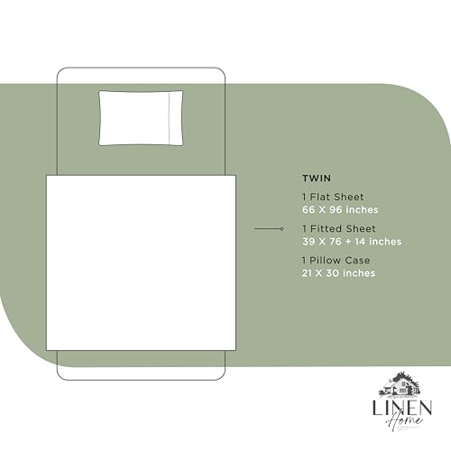 Image of Linen Home 100% Cotton Percale Sheets Twin Size, Oil Green, Deep Pocket, 3 Pieces Set - 1 Flat, 1 Deep Pocket Fitted Sheet and 1 Pillowcase, Crisp Cool and Strong Bed Linen