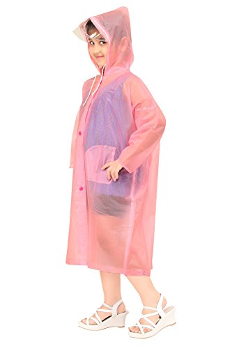 Image of Goodluck Kids Waterproof Knee-Length Raincoat for Boys & Girls - Transparent Hooded Rain Wear, Lightweight Reusable Rain Jacket with Front Button Closure for School, Travel & Outdoor Use