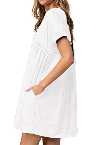 Image of Jayscreate Women's Baby Doll Dress Summer Casual Tunic Pleated Flowy Swing Short Sleeve Black V Neck Mini Dress