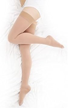 BriteLeafs Thigh High Compression Stockings Firm Support 20-30 mmHg, Stay-Up Lace Top, Silicone Band, Profssional Grade Graduated Compression - Beige, Medium, Closed Toe