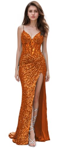 CYJJYZ Spaghetti Strap Sequin Prom Dresses with Slit 2026 Sparkly Lace Appliques Mermaid Formal...
