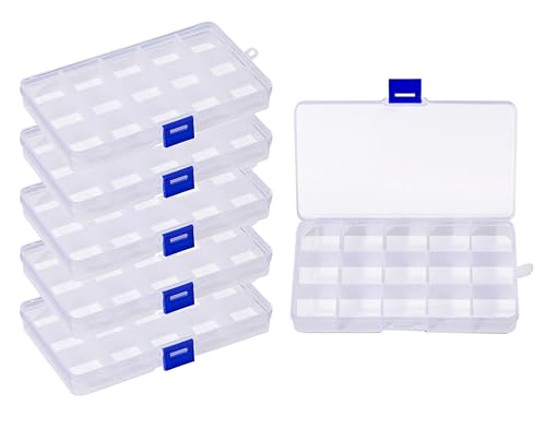 HUAZIZ 6 unidades de 15 cuadrículas, caja de almacenamiento de plástico transparente con divisores ajustables, Ajustable Caja de Almacenamiento de plástico Joyería Organizador Contenedor