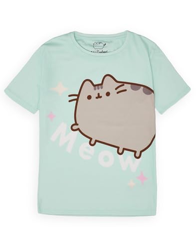 Pusheen Girls Pyjama Set | Green Loungewear Short Sleeve T-Shirt & All Over Print Long Leg Pants PJs For Kids | Internet Cat Meow Pyjama | Teens Cute Nightwear Merchandise Gift