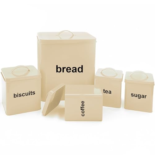 Crystals Cream Bread Bin & Canisters Set – 5 Piece Rectangular Metal Storage Containers – 28.5 cm (L) x 30.5 cm (H) x 20.5 cm (W) – Classic Elegant Bread Bin & Tea, Coffee, Sugar Canisters