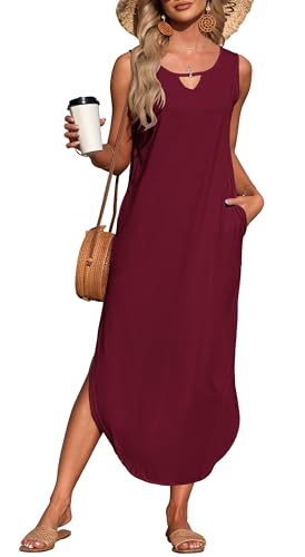 AUSELILY Letnie sukienki maxi dla kobiet UK bez rękawów wiązane na szyi luźne plażowe damskie sukienki z kieszeniami, czerwony (wine red), M