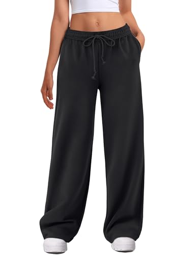 ATHMILE Womens Wide Leg Sweatpants High Waisted Baggy Interior Drawstring Joggers Straight Leg Sweat Pants with Pockets Black