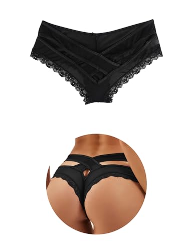 ohmydear Womens Sexy Cheeky Panties Lace Thongs Hipster Back Crisscross Strappy Underwear Plus Size Bikini Briefs Black