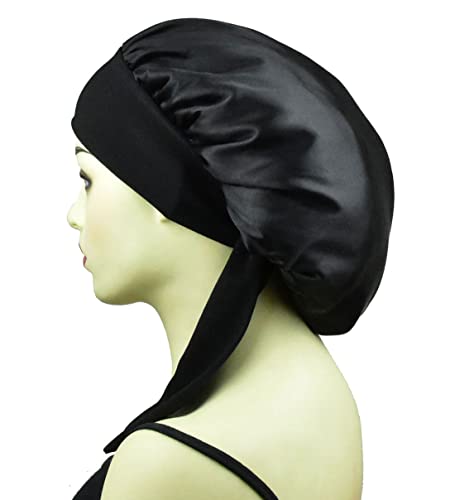 Silk Satin Bonnets For Women Curly Hair Cover Sleep Cap Satin Night Caps For Sleeping Girls Large Silk Bonnet With Tie Band Black #TOP2