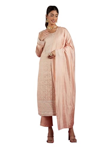 Image of Libas ART Womens Embroidered Silk Blend Straight Kurta With Trousers and Dupatta | ethnic wear | bridal suit | wedding dress | occasion wear