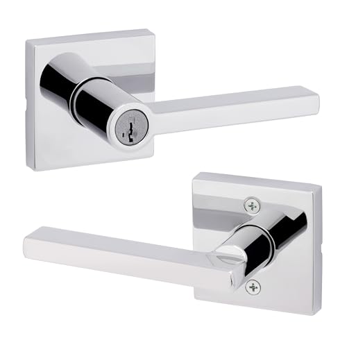 Image of Kwikset Halifax Keyed Storeroom Entry Door Handle with Lock and Key, Secure Keyed Reversible Lever Exterior, for Front Entrance and Bedrooms, Polished Chrome, Pick Resistant Smartkey Rekey Security