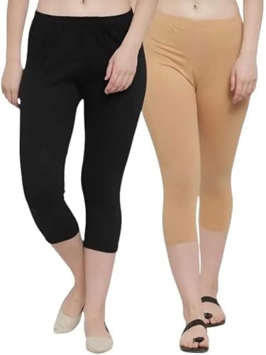 Image of Women's 3 /4 Calf-Length Leggings - Stretchable Cotton Blend, Comfortable Everyday Wear Pack of 2