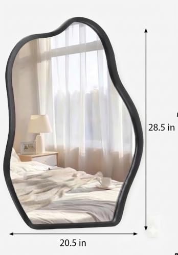 Image of ALFA Design Asymmetrical Black Wall Mirror with Wood Frame Irregular Modern Hanging Mirror for Wall Bedroom Bathroom Entryway Hallway Modern Irregular Black (29 x 21 inch)