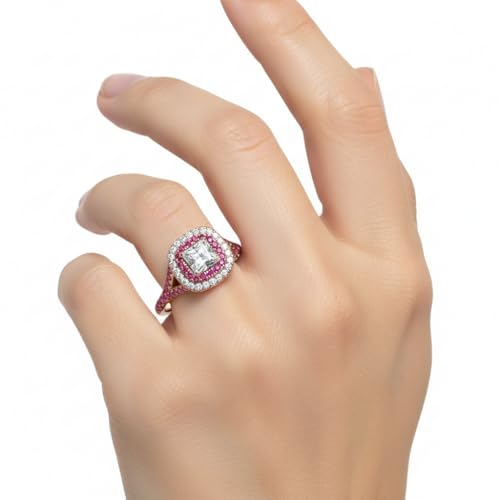 Image of Choose Your Gemstone Delicate Double Halo Diamond CZ Ring Rose Gold Plated Princess Shape Halo Engagement Rings Matching Jewelry Wedding Jewelry Easy to Wear Gifts US Size 4 to 12