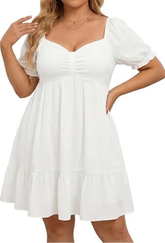 Women's Plus Size Summer Dress - Sweetheart Neck Puff Sleeve Casu...
