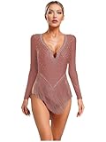 dPois Body Danza Classica Donna con Nappe Strass Vestito da Pattinaggio Artistico su Ghiaccio Leotard da Balletto Abito da Ballo Latino Tango Costume Danza Samba Rumba Salsa Marrone S