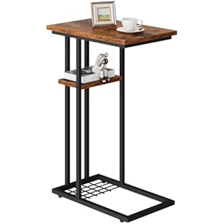 YMYNY C Shaped Side Table, Small Table Bedside Tables, Slim Narrow Coffee Table Sofa Side Table for Small Spaces, Living Room, Bedroom, Industrial, Easy Install, Rustic Brown HST004H