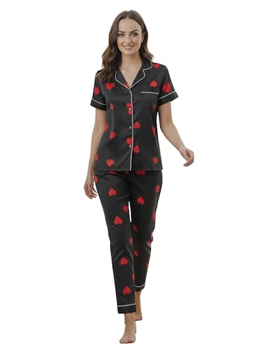 Image of Women's Lycra Heart Printed Night Suit Set of Shirt & Pajama Set Women Night Wear Set,Night Dress for Woman