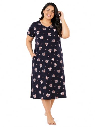 Image of 9shines Label Hosiery Cotton Knee Length Short Night Dress | Short Nighty for Women with Pocket | Graphic Print Nightwear | Night Gown for Women (M-7XL)