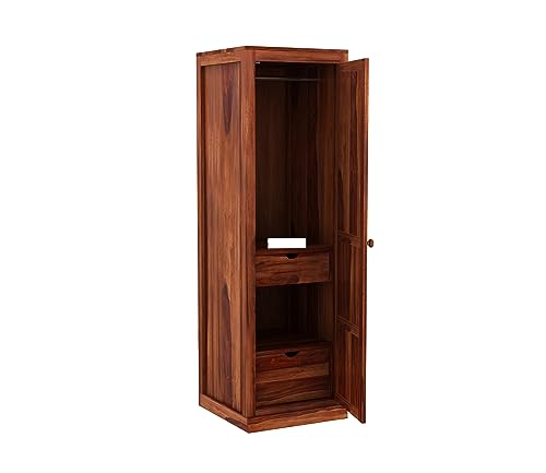 Image of Sheesham Wood Wooden Single Door Wardrobe Organizer for Clothes | - Solid Wood Almirah with 2 Drawers, 2 Shelves with Hanging Space - Cupboard for Large Bedroom (Design 3)