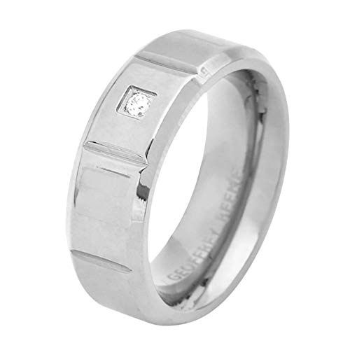 Geoffrey Beene Men’s Comfort Fit Grooved Stainless Steel Ring Wedding Band with Cubic Zirconia Stone, Silver
