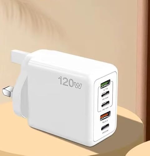 5-Port Fast Charger Plug – 3× USB-C & 2× USB Multi-Port Wall Adapter | 5V 2.4A PD Charger with UK/US/EU Plugs for Phones, Laptops, Tablets" (White)