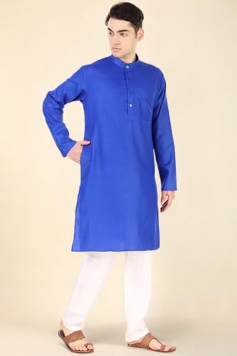 Image of Men's Cotton Solid Kurta Set Mandarin Collar Regular Fit Long Sleeves Ethnic Dress