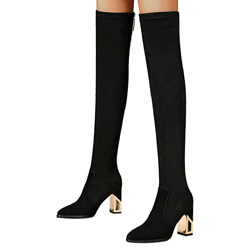 Women's Thigh High Boots Sexy Thick Heels Pointed Toe Stretch Pull On Long With Back Zipper Chunky Block Over The Knee Slim Tall For Party Favor, Black, 7 #TOP24