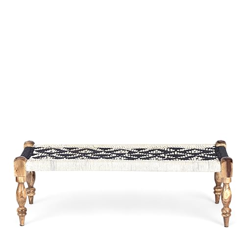 Ikiriya Hamilton Sheesham Wood 2 Seater Maachi Bench | Patio Bench in Black & White Rope Canning (4 Feet Width; 1 Yr. Warranty)