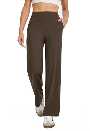 COPYLEAF Calça feminina de perna larga para ioga de cintura alta com bolsos, folgada, elástica, para