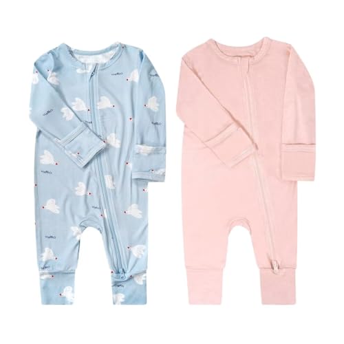 Image of Teach Leanbh Baby Boys Girls 2 Pack Bamboo Viscose Pajamas with Mitten Cuffs 2 Way Zipper Long Sleeve Romper Sleep and Play