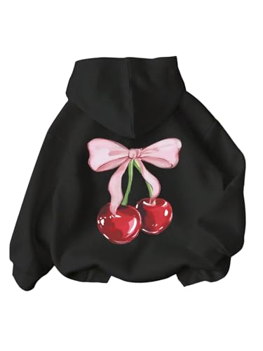 Beutyest Girl's Cherry Print Long Sleeve Hoodies V Neck Cute Sweatshirts Oversized Pullover Black 6-7Y