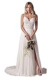 WaterDress Women's Lace Bodice Boho Wedding Dresses with Train for Bride 2025 A-Line Chiffon Appliques Beach Wedding Bridal Gowns with Slit 14