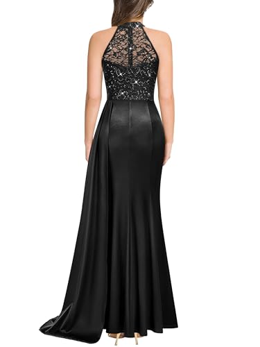 Miusol Women's Sexy Halter Sequin Lace Satin High Split Ruched Style Evening Party Maxi Dress2
