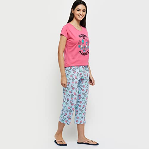 Image of Max Women Nylon Printed Round Neck Capris Set T-Shirt with Capris