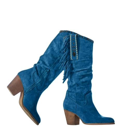 Onsoyours Botas hasta la Rodilla Holgadas para Mujer Punta Puntiaguda con Cremallera Lateral Botas de Tacón Medio GruesoBotas con Flecos Retro Botas Gruesas de Tacón Alto Azul 38